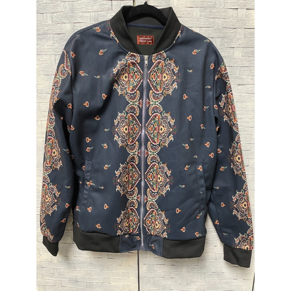 Consequence Large Bomber Jacket Mens‎ Navy Paisley All Over Print Zip Up
